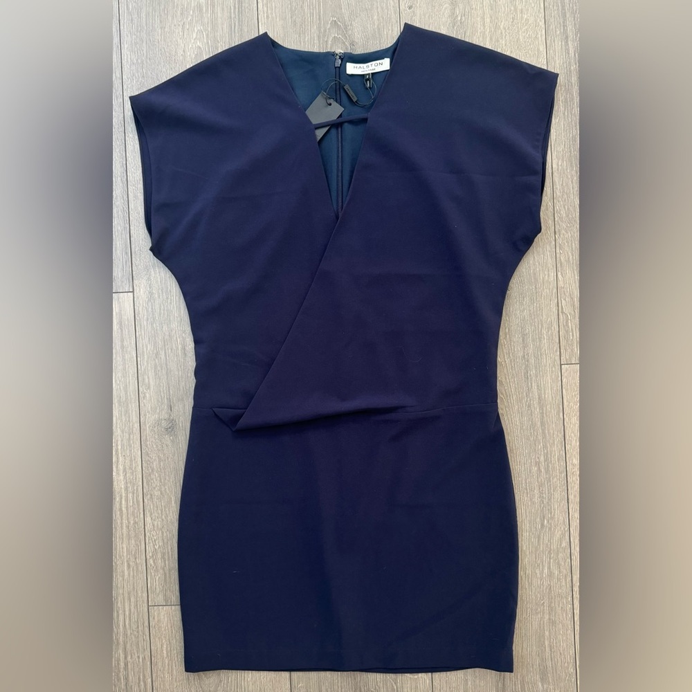 Halston Heritage Cap Sleeve Crepe Dress in Navy Blue - Picture 3 of 8